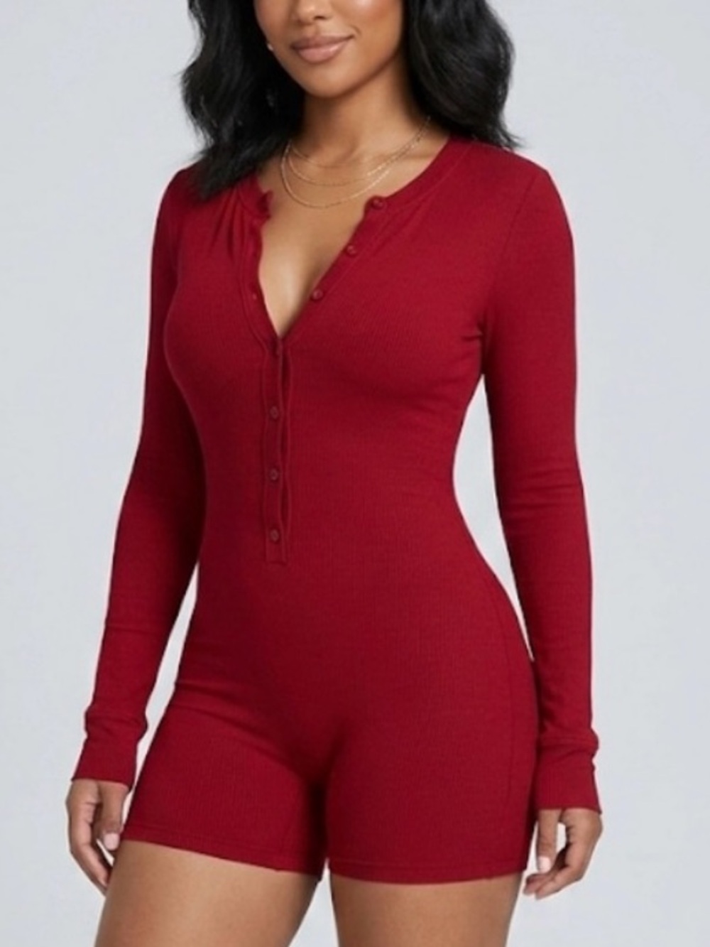 SKIMS Ribbed Long Sleeve Henley Romper